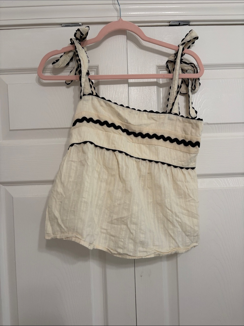 Cream Tie-Strap Tank Top with Black Rickrack Trim